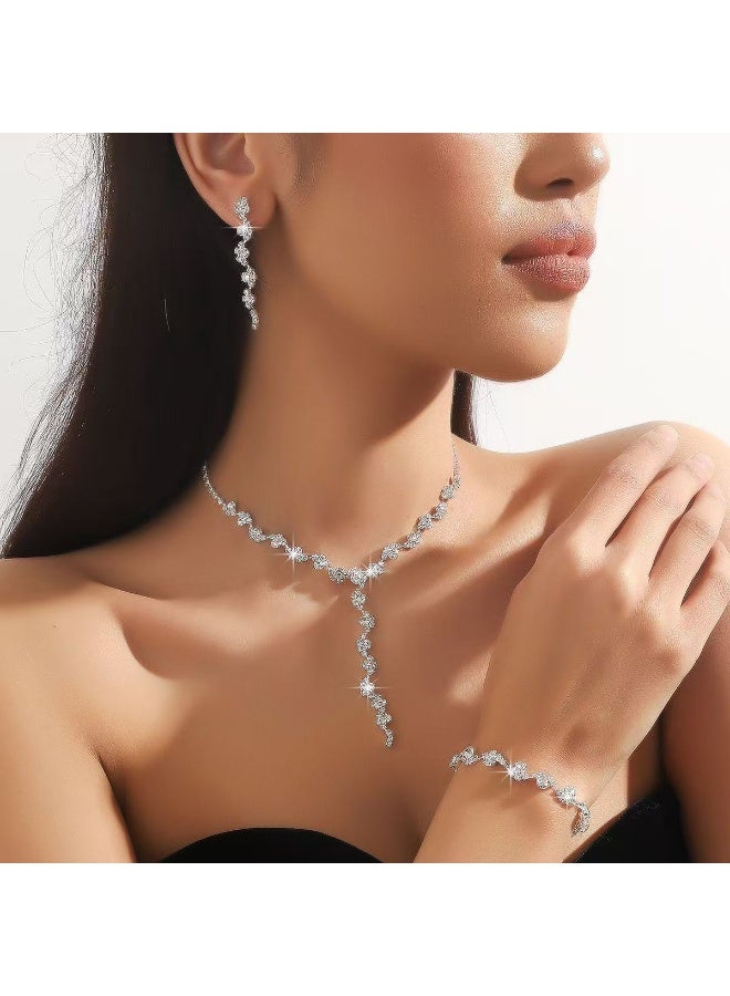 مجموعة مجوهرات عروسة بالراينستون قلادة شكل Y وقراطير وسوار للنساء لحفلات الزفاف والاحتفالات - Image 4